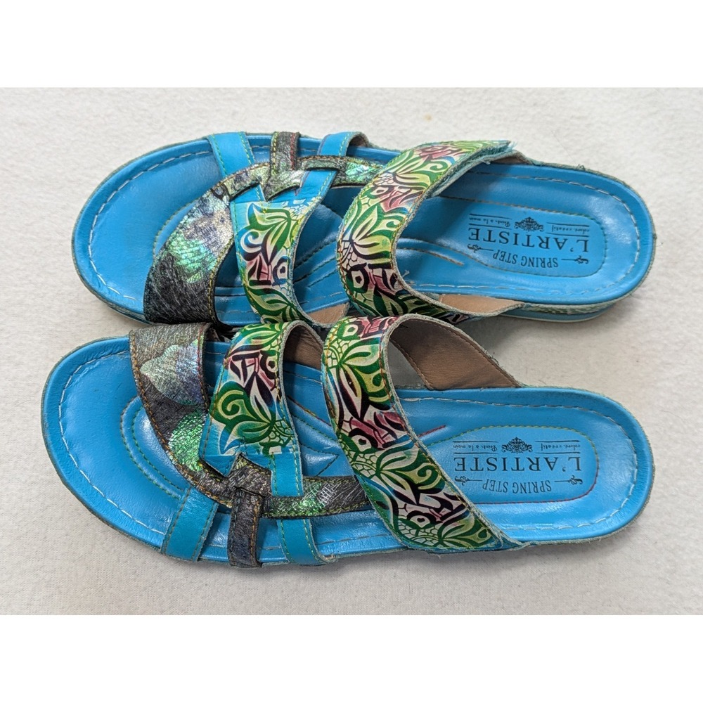 L' ARTISTE By Spring Step Sz 39 US 8.5 Caiman Blue Leather Slide Sandals Boho - Picture 2 of 9